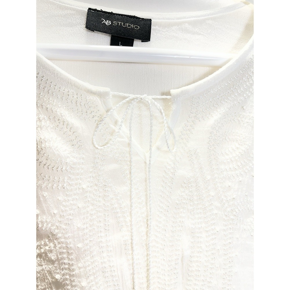 Boho‎ Peasant Embroidered AB Studio Womens 3/4 Sleeve Blouse Rayon Blend L White